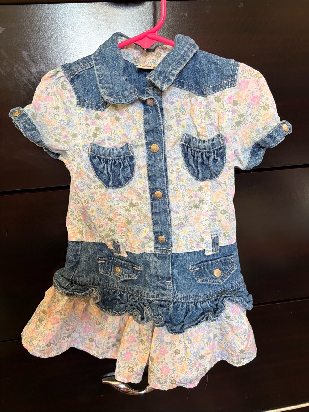 Faded Glory Girls Floral Denim-Trim Dress Size 2T Like New
